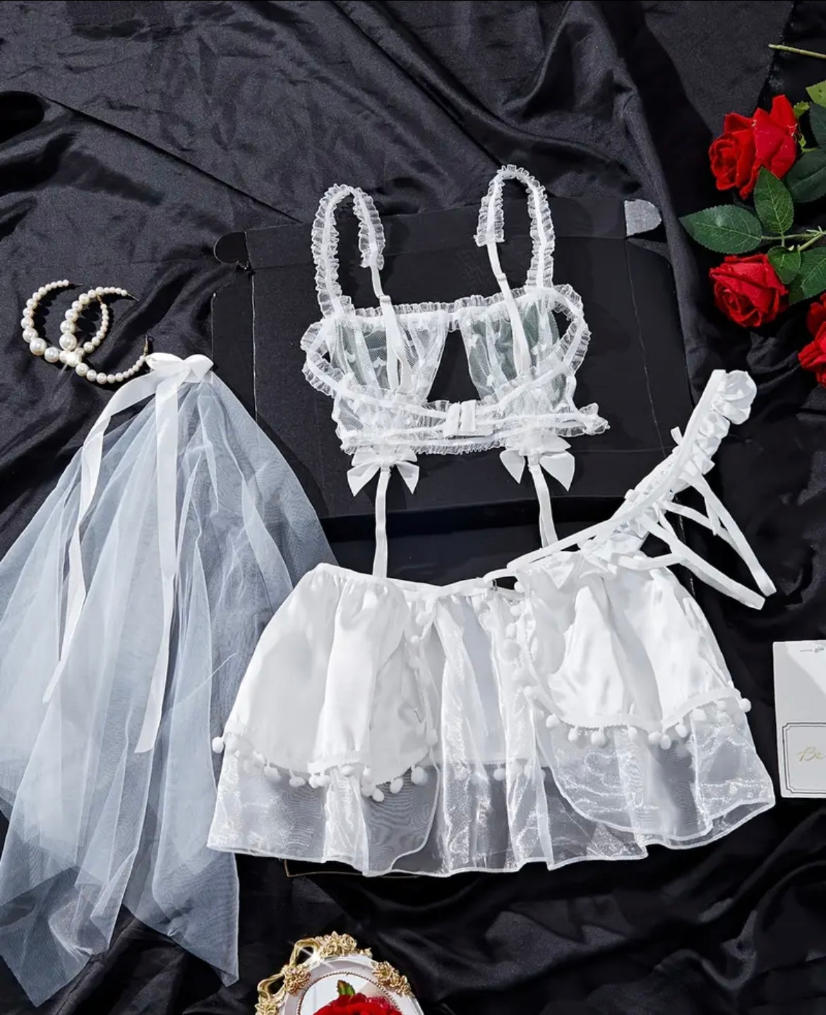Sweetheart Bride | Fantezi Gelin İç Çamaşırı Seti – Kalpli Tül & Duvaklı