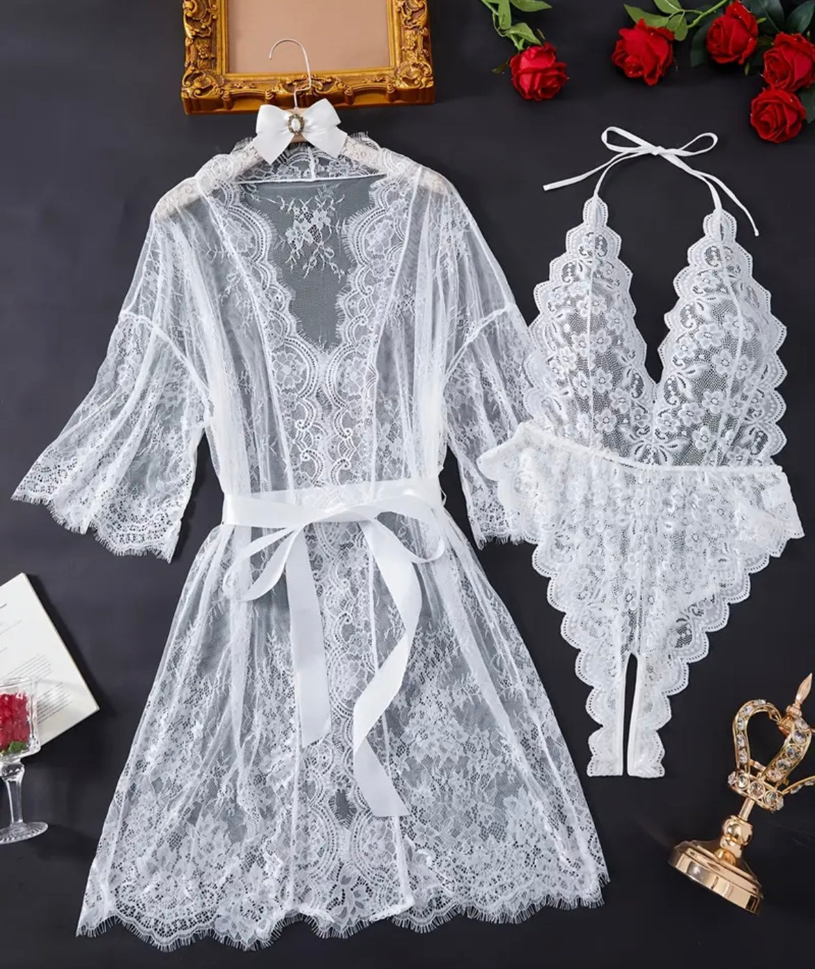 White Bridal Bliss | Büyük Beden Dantel Sabahlık & Body Suit Gelin Takımı