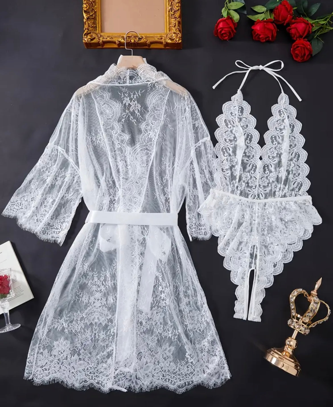 White Bridal Bliss | Büyük Beden Dantel Sabahlık & Body Suit Gelin Takımı