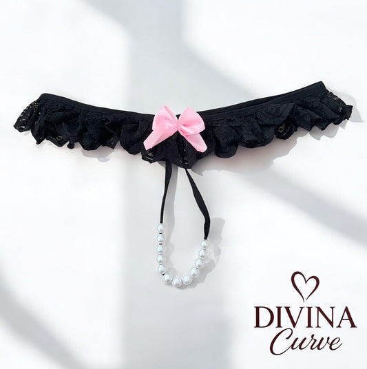 Pearl-String Lace Thong with Pink Bow