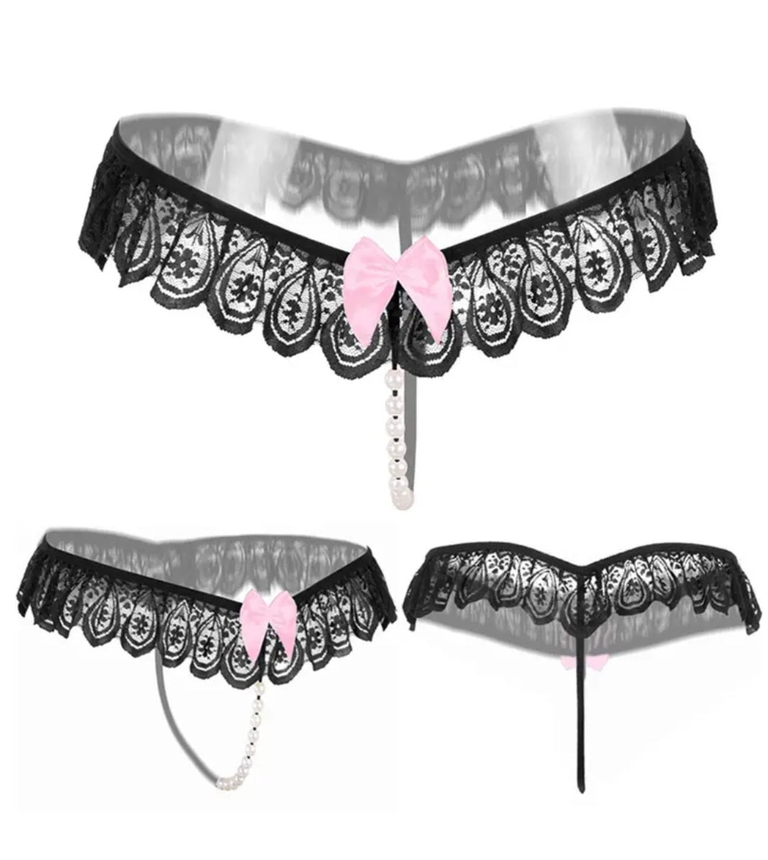 Pearl-String Lace Thong with Pink Bow