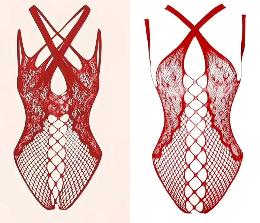Crimson Kiss – Çapraz Askılı Dantel & File Bodysuit