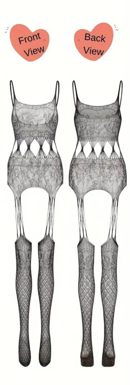 Desenli Askılı File Vücut Çorabı – Jartiyer Görünümlü Bodystocking