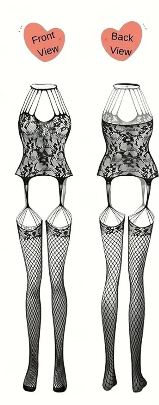 Yüksek Yakalı Dantel & File Vücut Çorabı – Jartiyer Detaylı Bodystocking