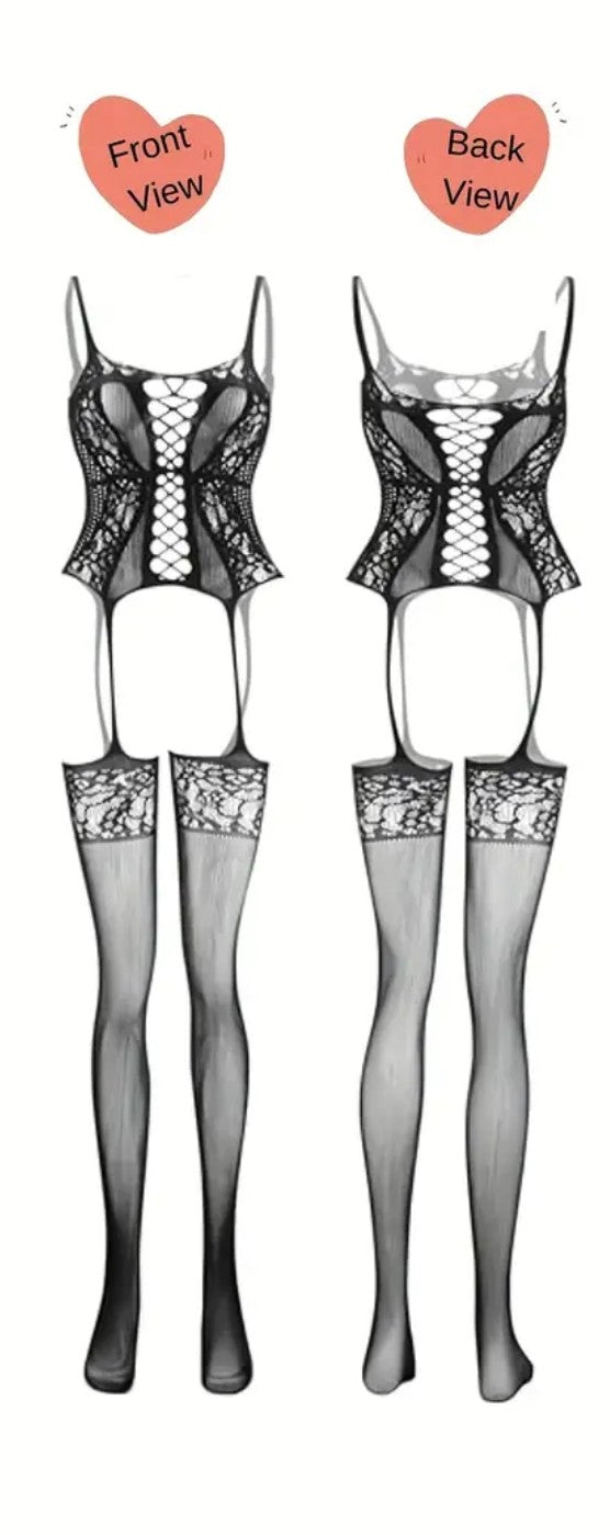 Kurdele Detaylı Dantel Vücut Çorabı – Jartiyer Çoraplı Bodystocking