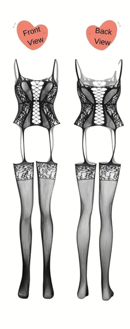 Kurdele Detaylı Dantel Vücut Çorabı – Jartiyer Çoraplı Bodystocking