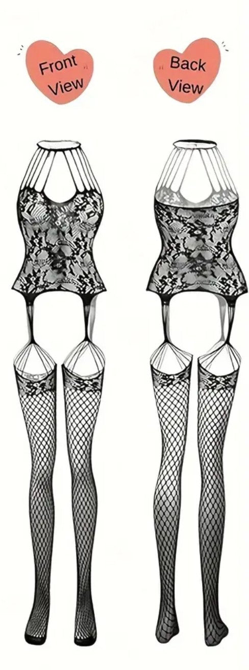 Çiçek Dantel ve File Jartiyerli Vücut Çorabı – Yüksek Askılı Bodystocking