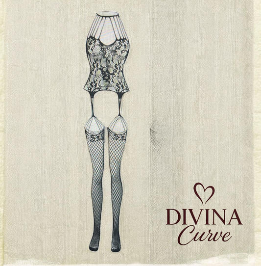 Yüksek Yakalı Dantel & File Vücut Çorabı – Jartiyer Detaylı Bodystocking