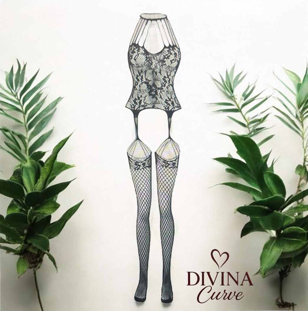 Çiçek Dantel ve File Jartiyerli Vücut Çorabı – Yüksek Askılı Bodystocking